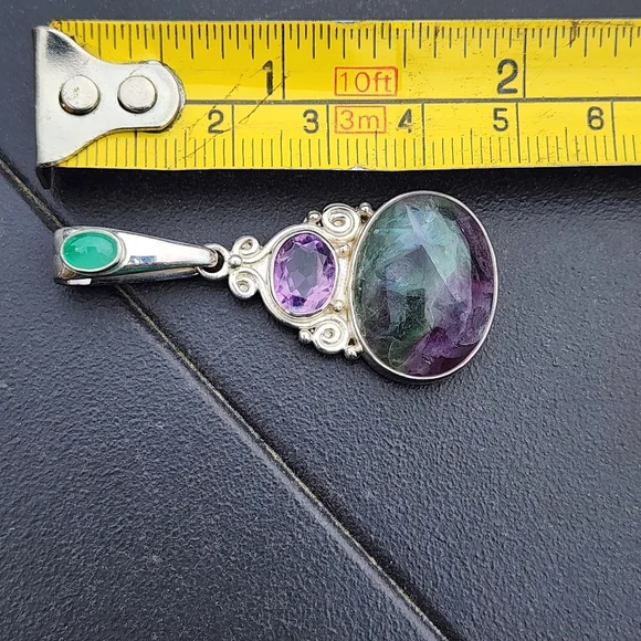 Sterling silver Sajen drop pendant amethyst fluorite cabachon jade green jewelry - Picture 4 of 6